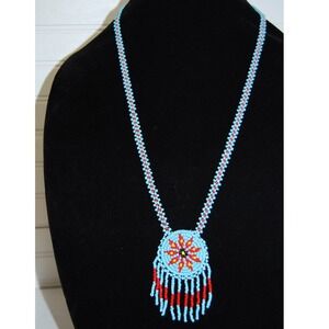 Vintage handmade Native necklace Seed bead 1 disc tassel fully beaded Blue‎